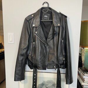 Zara Real Leather Biker Jacket Black Size XL
